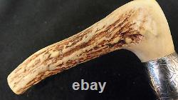 Antique Walking Stick or Cane Handle Carved Stag Horn & Sterling Silver Handle