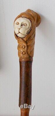 Antique Walking StickCarved Monkey Face in HoodStriking