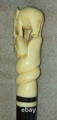 Antique Walking/Swagger Stick Carved Bovine Bone Elephant Handle Raj India c1900