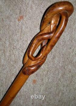 Antique Walnut Hand-Carved Intertwined Snake With Glass Eyes Walking Stick/Cane