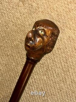 Antique Walnut Walking Stick Cane Hand-Carved Large Grotesque Man Head Top