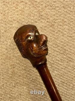 Antique Walnut Walking Stick Cane Hand-Carved Large Grotesque Man Head Top