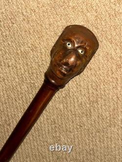 Antique Walnut Walking Stick Cane Hand-Carved Large Grotesque Man Head Top