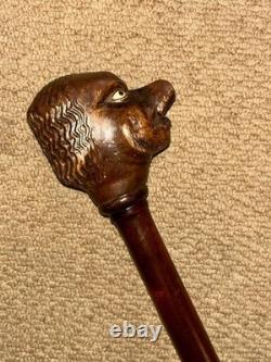 Antique Walnut Walking Stick Cane Hand-Carved Large Grotesque Man Head Top