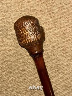 Antique Walnut Walking Stick Cane Hand-Carved Large Grotesque Man Head Top