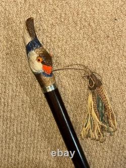 Antique Walnut Walking Stick Cane Hand Carved & Painted Parrot & Silver Collar