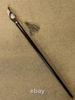 Antique Walnut Walking Stick Cane Hand Carved & Painted Parrot & Silver Collar