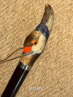 Antique Walnut Walking Stick Cane Hand Carved & Painted Parrot & Silver Collar