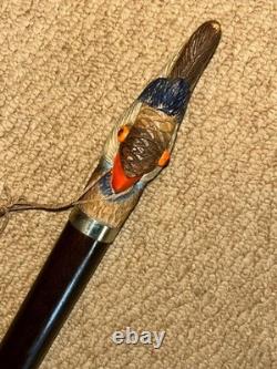 Antique Walnut Walking Stick Cane Hand Carved & Painted Parrot & Silver Collar