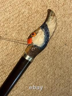 Antique Walnut Walking Stick Cane Hand Carved & Painted Parrot & Silver Collar