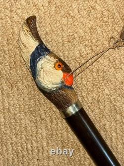 Antique Walnut Walking Stick Cane Hand Carved & Painted Parrot & Silver Collar