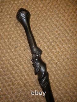 Antique Weighted Gents Hand Carved Walking Cane With Face/Head