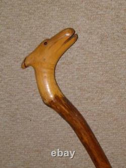 Antique Welsh Folk Art Walking Stick With Carved Caricature Animal Handle 87cm