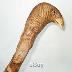 Antique Wood Cane Walking Stick Carved Bird Handle Glass Eyes
