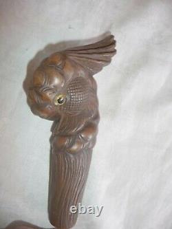 Antique Wood Carved Head Of A Cockatoo With Glass Eyes Walking Stick Cane Handle