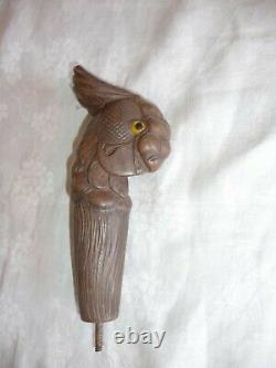 Antique Wood Carved Head Of A Cockatoo With Glass Eyes Walking Stick Cane Handle