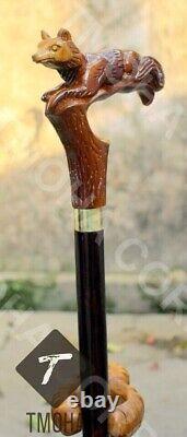 Antique Wood Fox Head Handle Walking Stick Wooden Hand Carved Walking Cane Gift