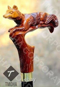 Antique Wood Fox Head Handle Walking Stick Wooden Hand Carved Walking Cane Gift