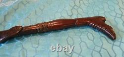 Antique Wood Walking Stick Cane With Carved Snake And High Boot Handle