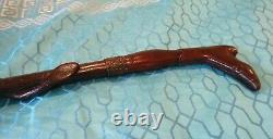 Antique Wood Walking Stick Cane With Carved Snake And High Boot Handle