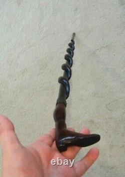 Antique Wood Walking Stick Cane With Carved Snake And High Boot Handle