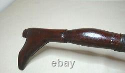 Antique Wood Walking Stick Cane With Carved Snake And High Boot Handle