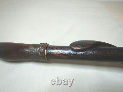 Antique Wood Walking Stick Cane With Carved Snake And High Boot Handle