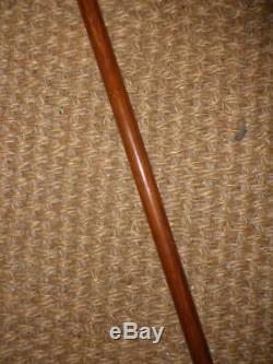 Antique Wooden Derby Topped Walking Cane With Carved And Decorated Panel