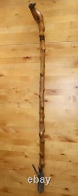 Antique Wooden Truffle Digger Walking Stick with Carved Dog Topper & Trowel Base