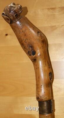 Antique Wooden Truffle Digger Walking Stick with Carved Dog Topper & Trowel Base