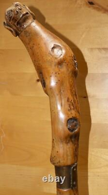 Antique Wooden Truffle Digger Walking Stick with Carved Dog Topper & Trowel Base
