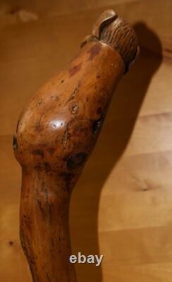 Antique Wooden Truffle Digger Walking Stick with Carved Dog Topper & Trowel Base