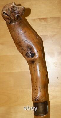 Antique Wooden Truffle Digger Walking Stick with Carved Dog Topper & Trowel Base