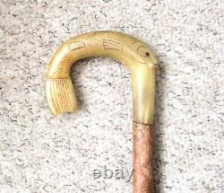 Antique Wooden Walking Cane with Hand Carved Rams Horn Fish Handle