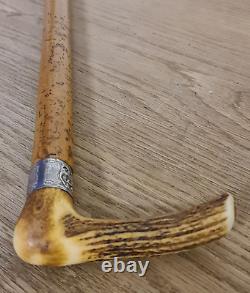 Antique Wooden Walking Stick Cane With Carved Antler Horn Handle And Silver Band