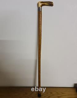 Antique Wooden Walking Stick Cane With Carved Antler Horn Handle And Silver Band