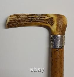 Antique Wooden Walking Stick Cane With Carved Antler Horn Handle And Silver Band