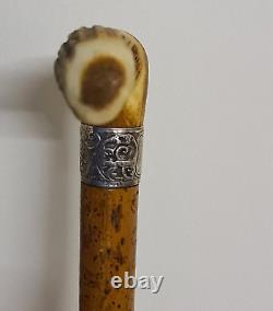 Antique Wooden Walking Stick Cane With Carved Antler Horn Handle And Silver Band