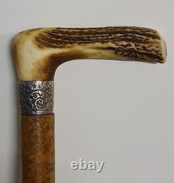 Antique Wooden Walking Stick Cane With Carved Antler Horn Handle And Silver Band