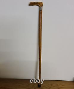 Antique Wooden Walking Stick Cane With Carved Antler Horn Handle And Silver Band