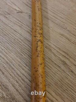 Antique Wooden Walking Stick Cane With Carved Antler Horn Handle And Silver Band