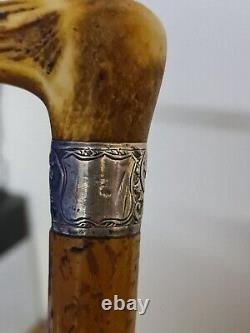 Antique Wooden Walking Stick Cane With Carved Antler Horn Handle And Silver Band