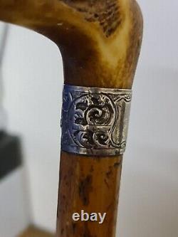 Antique Wooden Walking Stick Cane With Carved Antler Horn Handle And Silver Band