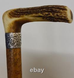 Antique Wooden Walking Stick Cane With Carved Antler Horn Handle And Silver Band