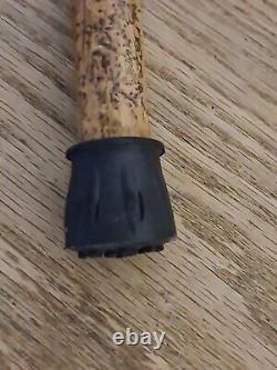 Antique Wooden Walking Stick Cane With Carved Antler Horn Handle And Silver Band