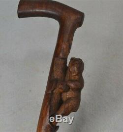 Antique cane walking stick hand carved bear knobby wooden stick original 1800