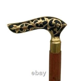 Antique carved Folding Walking Stick Brass Curved Handle Dismantle In To Four