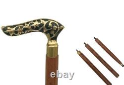 Antique carved Folding Walking Stick Brass Curved Handle Dismantle In To Four