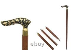 Antique carved Folding Walking Stick Brass Curved Handle Dismantle In To Four