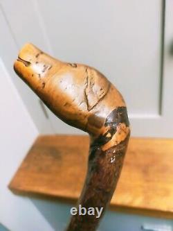 Antique carved unique character dog head figural walking stick 34 87cm c1900